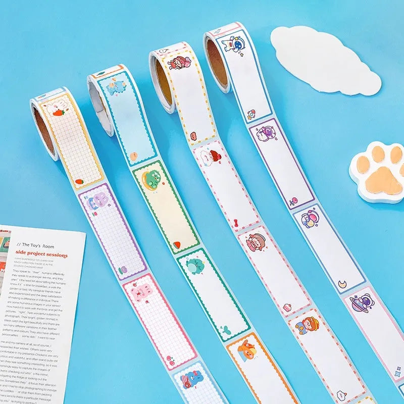 Roll of cartoon name tape stickers showing dinosaur, astronaut, rabbit and girl theme designs
