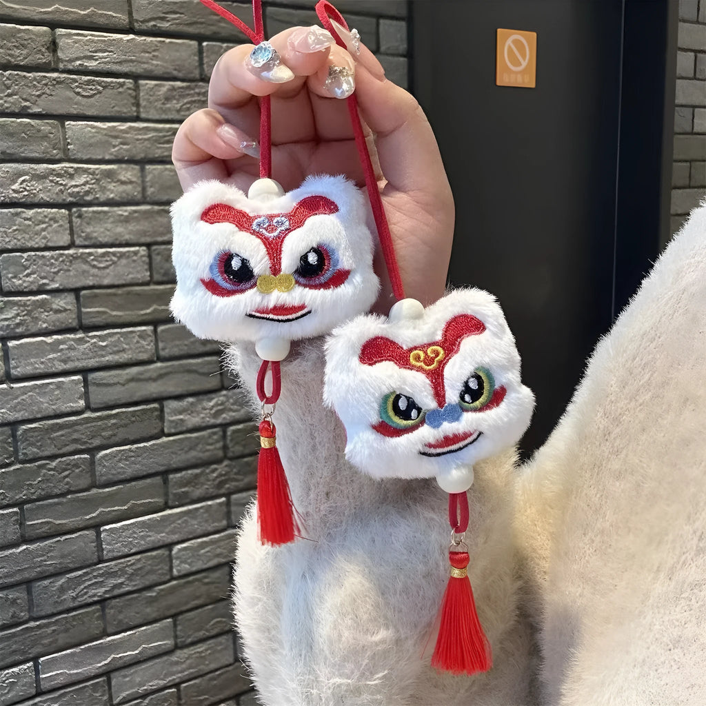 Chinese style blue plush lion keychain ornament with star stone and tassel