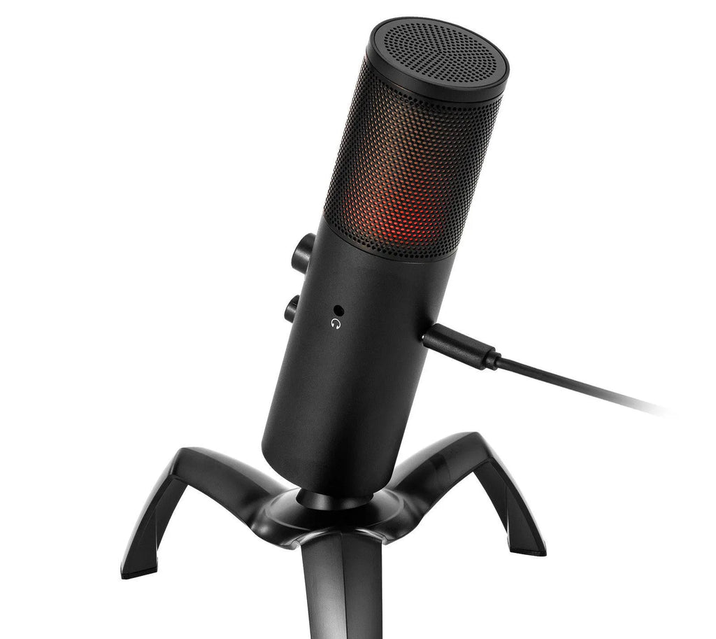 Black Q18 USB condenser microphone with metal tripod and RGB lighting effects