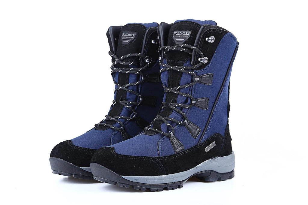 Women's mid-calf genuine leather snow boots in black with a round toe and rubber sole.