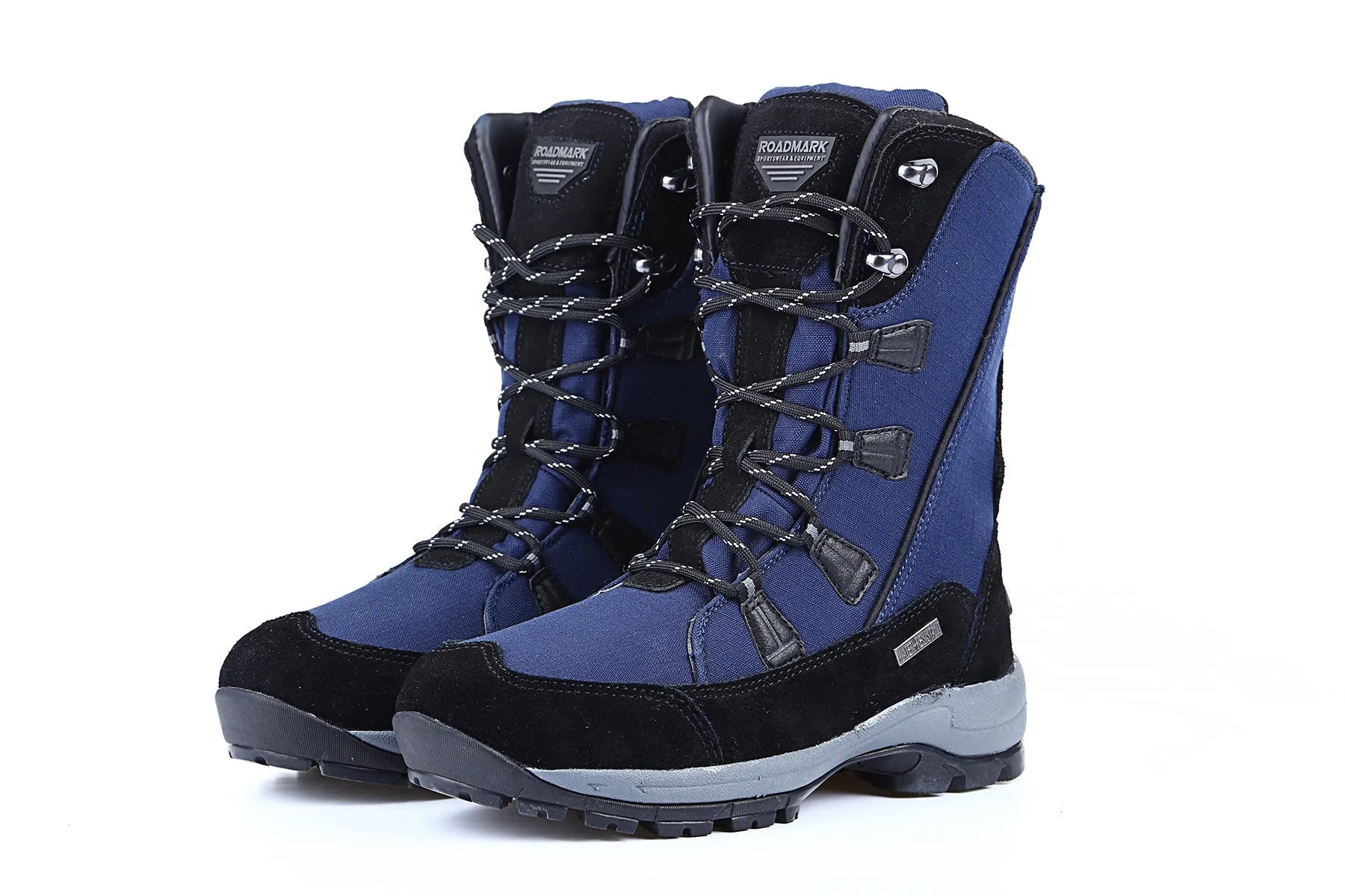 Women's mid-calf genuine leather snow boots in black with a round toe and rubber sole.