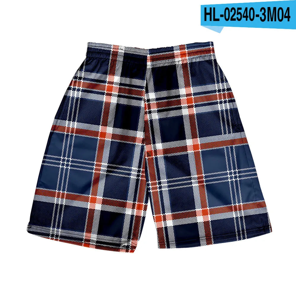 Man wearing plaid patterned polyester shorts with an elastic waistband, showcasing one of the twenty available colour options.