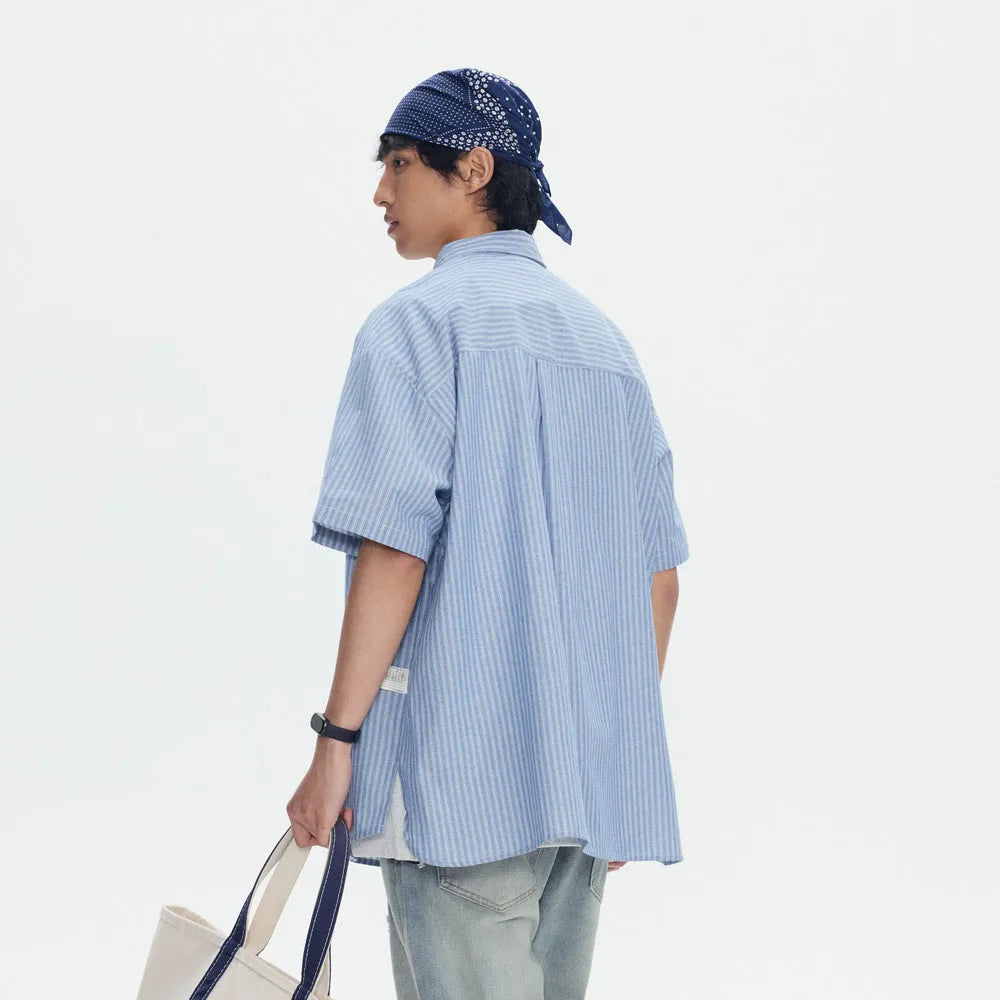 Blue striped overalls short-sleeved shirt in loose cardigan style made from cotton blend fabric