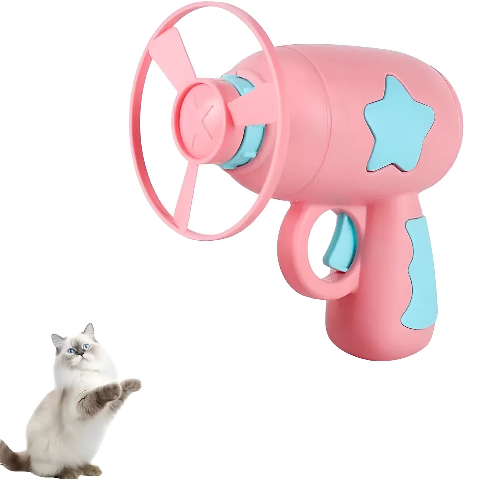 Blue and pink plastic cat toy gun with two frisbees for indoor play