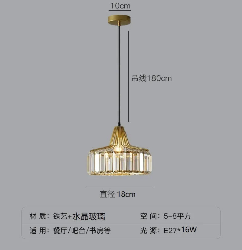 Modern crystal ceiling pendant lamp with LED lighting in gold finish showing crystal decorative elements
