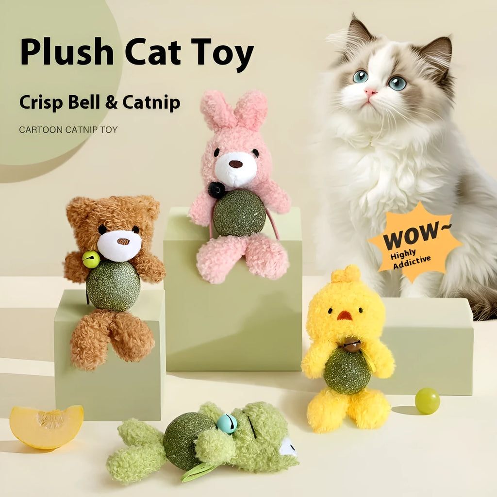 Plush catnip toy shaped as a character with bell, showing 15cm height with 4cm scent ball inside.
