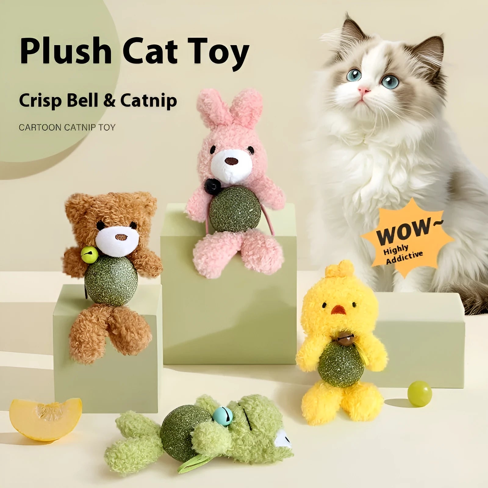 Plush catnip toy shaped as a character with bell, showing 15cm height with 4cm scent ball inside.