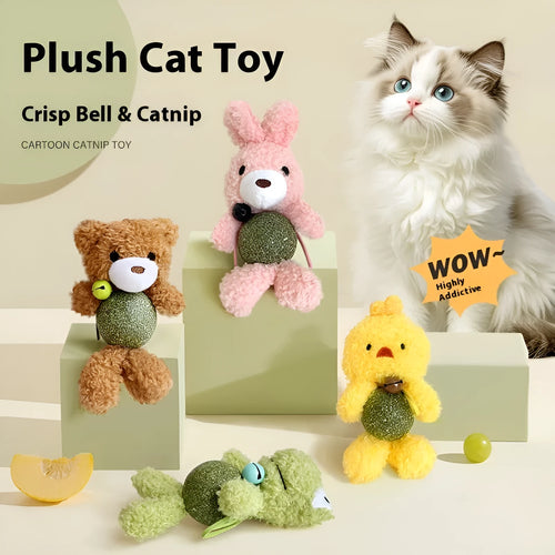 Plush catnip toy shaped as a character with bell, showing 15cm height with 4cm scent ball inside.