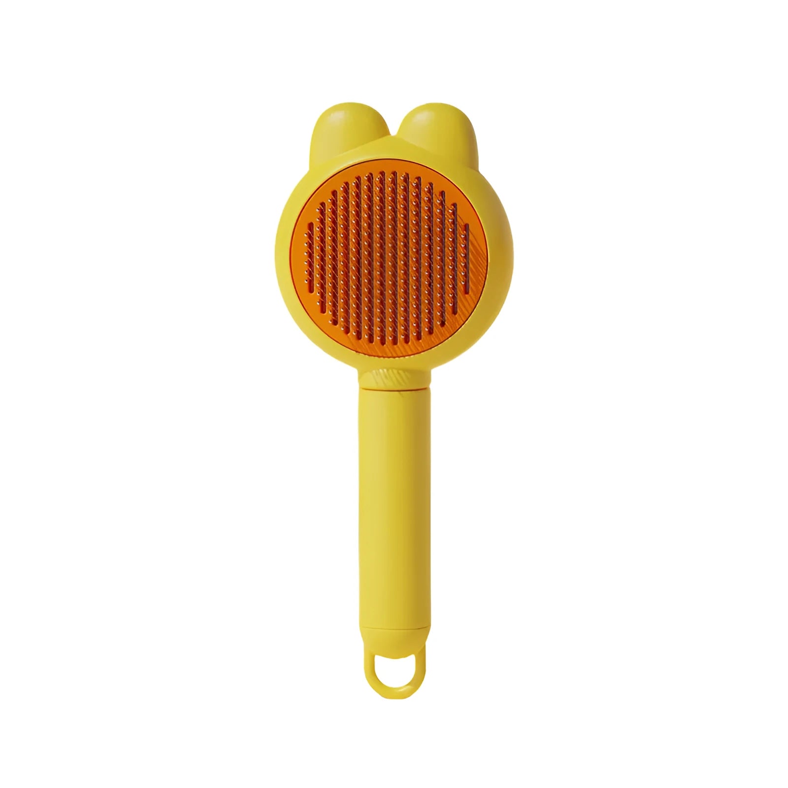 Self-cleaning pet grooming brush with release button in green, pink, purple or yellow