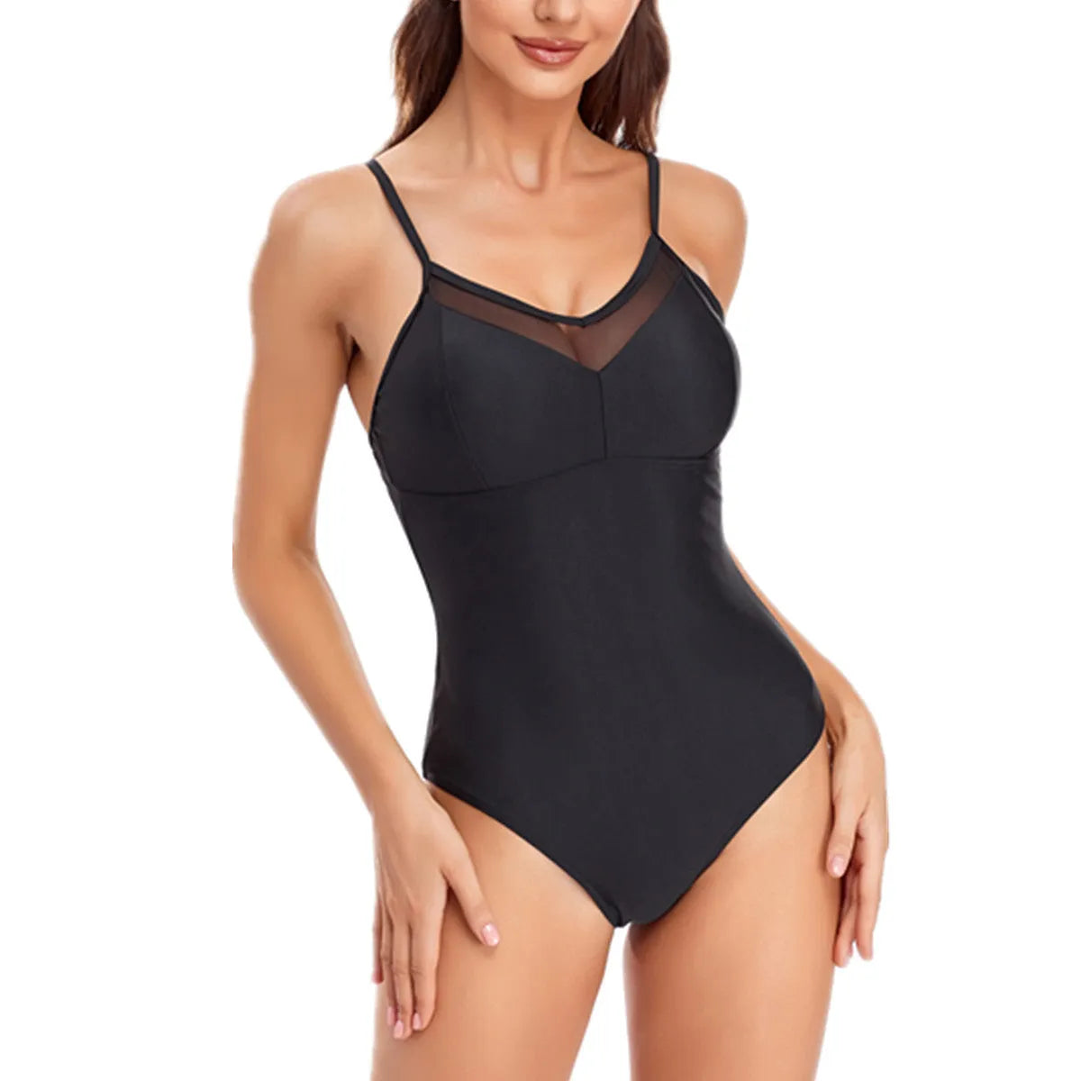 Black backless one-piece swimsuit laid flat showing solid colour and high-elasticity fabric.