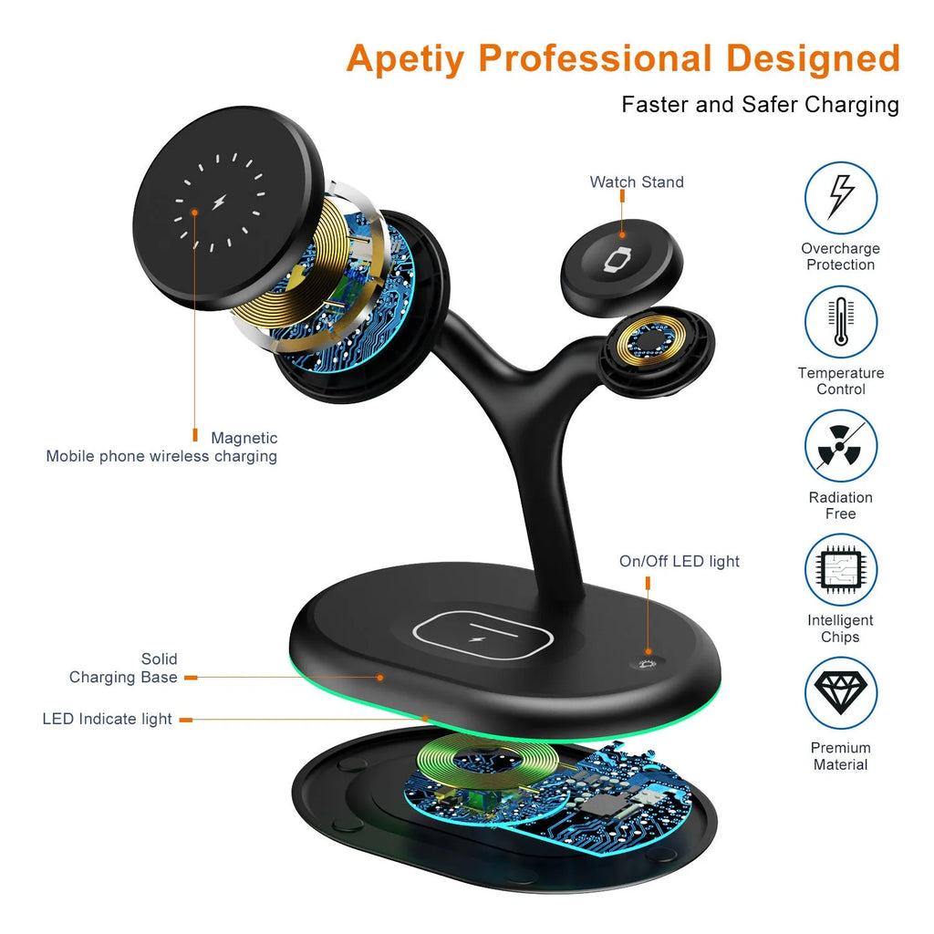 Black three-in-one magnetic wireless charger with ABS plastic housing showing charging surface