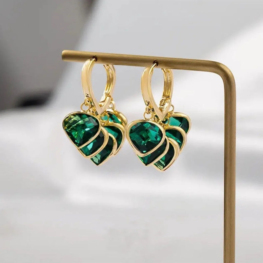 Green heart shape pendant clip-on earrings with glass decoration in Korean style