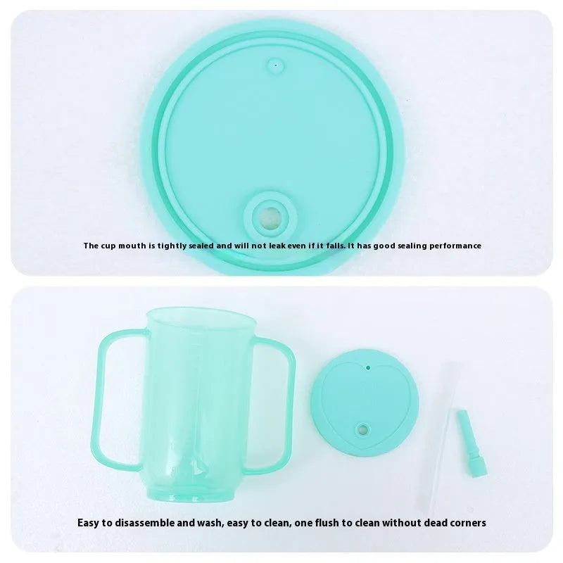 PP plastic anti-choke drinking cup with slanted mouth, handle, and lid for bed care.