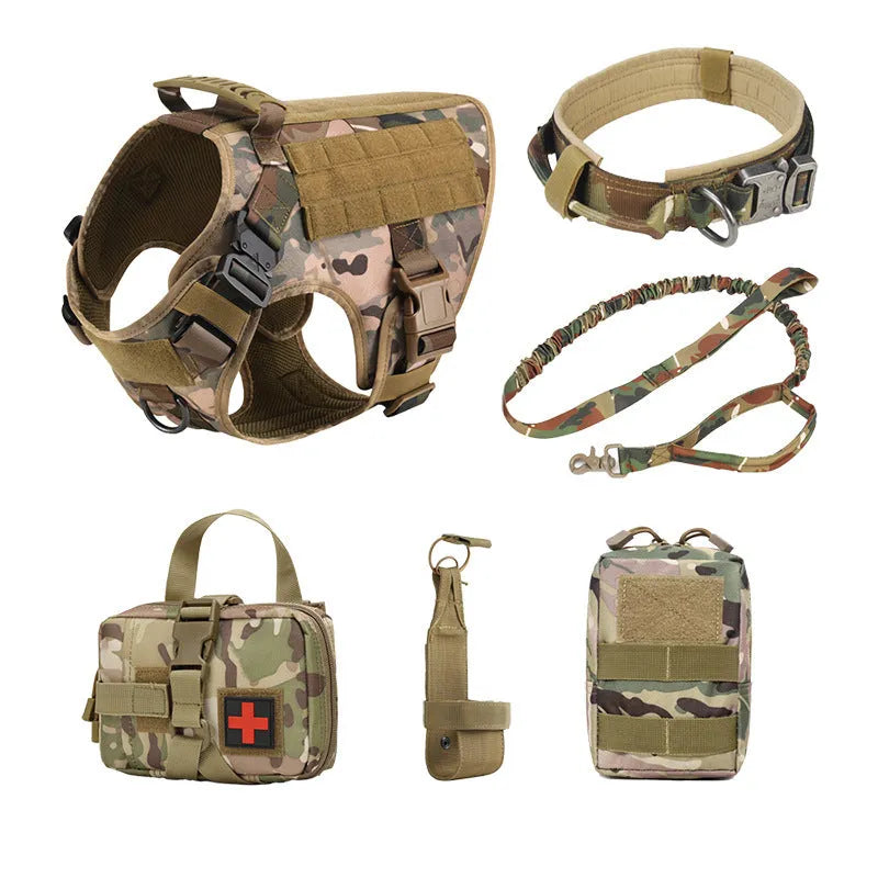 Dog wearing six-piece combat training vest in black polyester with multiple attachment points