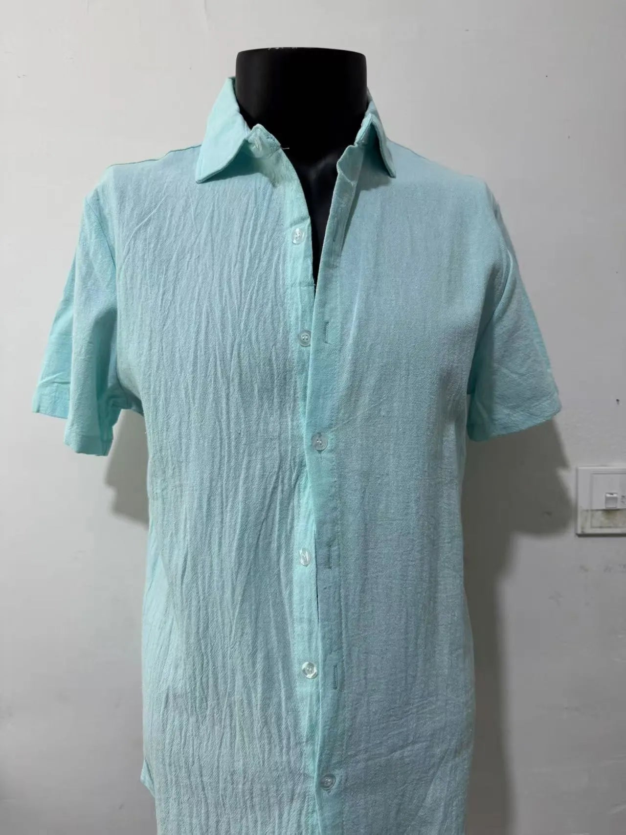 Men's short sleeve linen shirt in loose fit with solid colour options including army green and fluorescent green