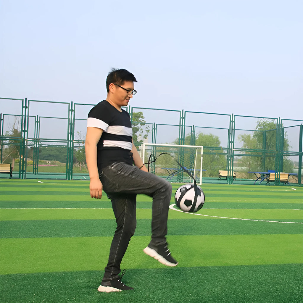 Black football juggling training belt with 2m cord for solo ball control practice