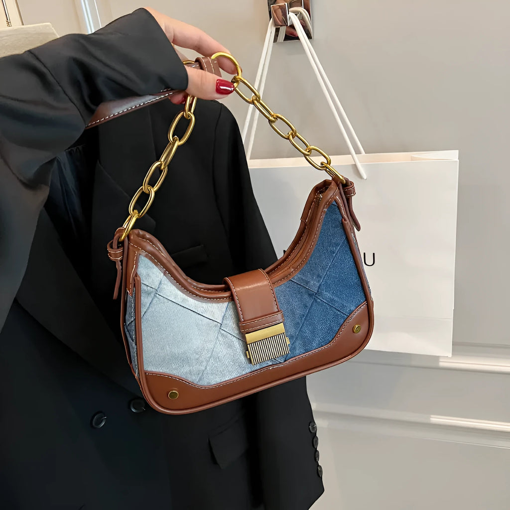 Brown denim women's shoulder bag with diamond chain straps and bucket shape