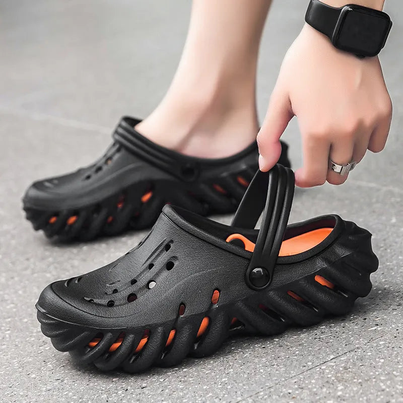 Men's beige EVA slipper sandals with hollow-out design and non-slip sole.