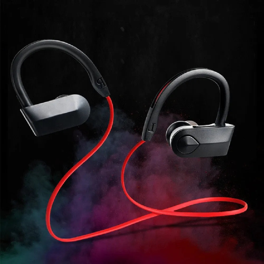 Wireless neckband Bluetooth earphones in black, blue or red colours showing neckband design and earbuds