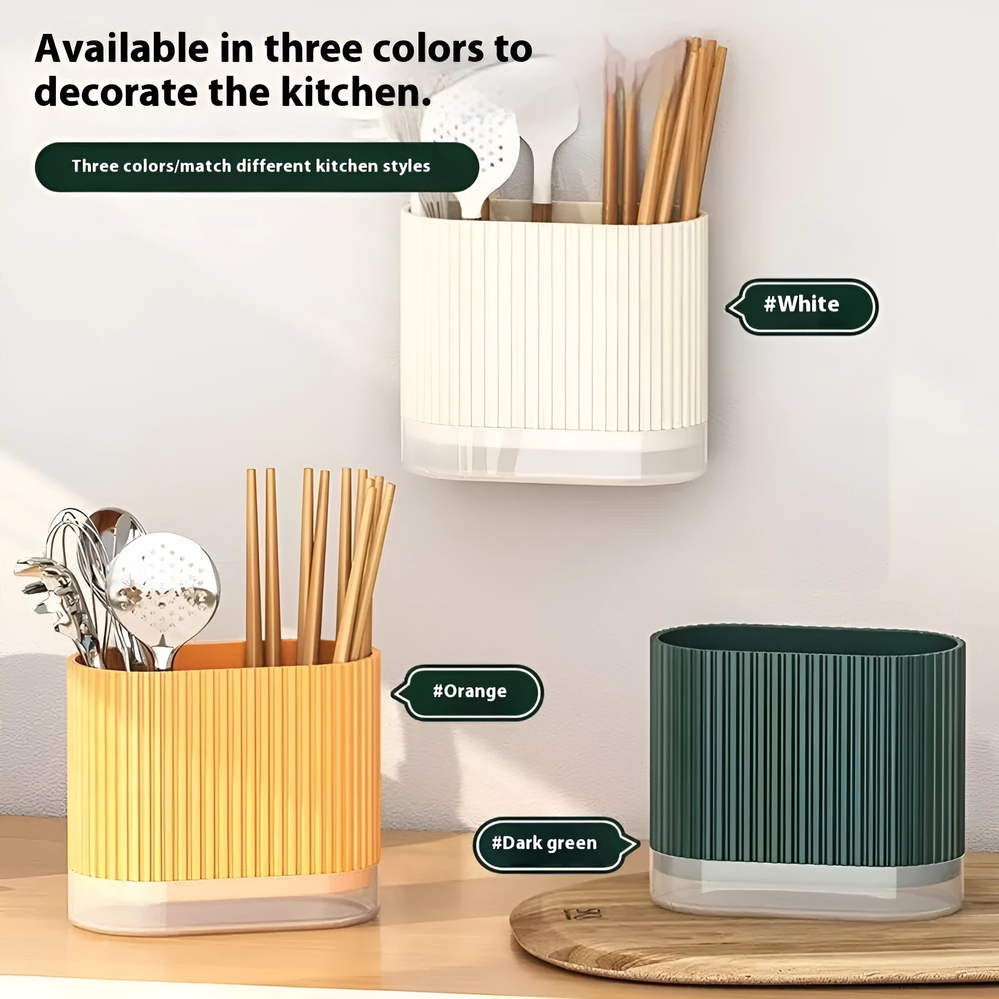 Plastic wall-mounted chopsticks tube and spoon basket organiser in beige, dark green, or orange.