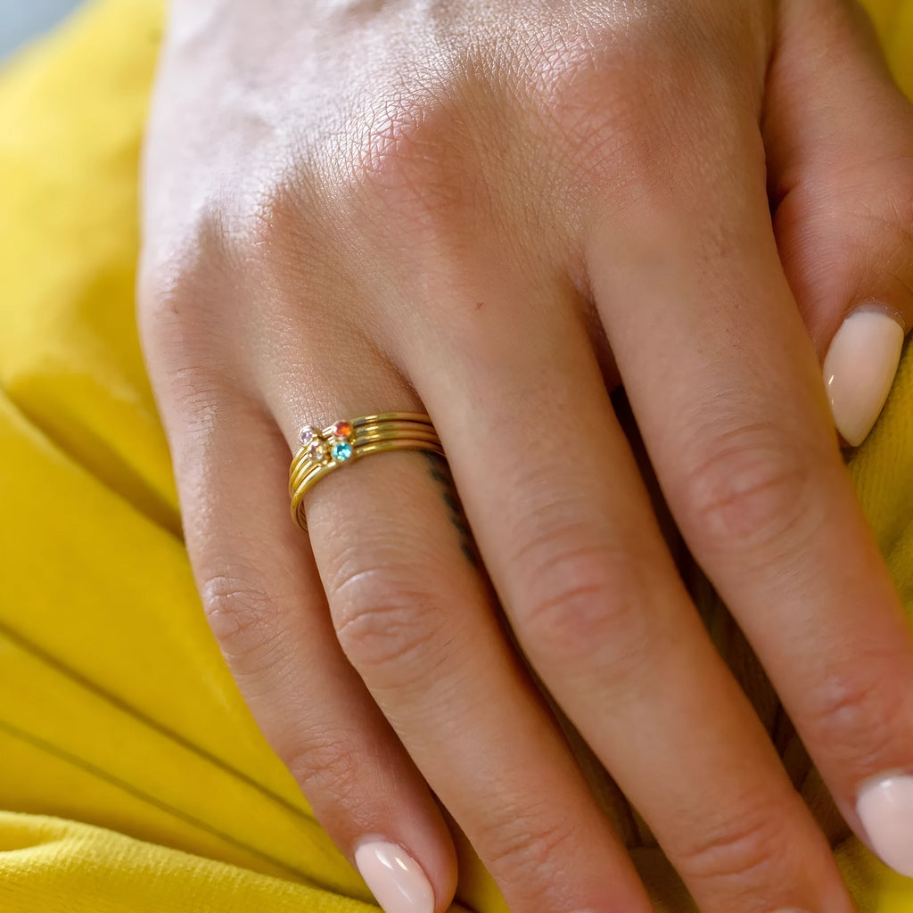 December birthstone titanium steel ring with engraved geometrical design showing superimposed colour combination