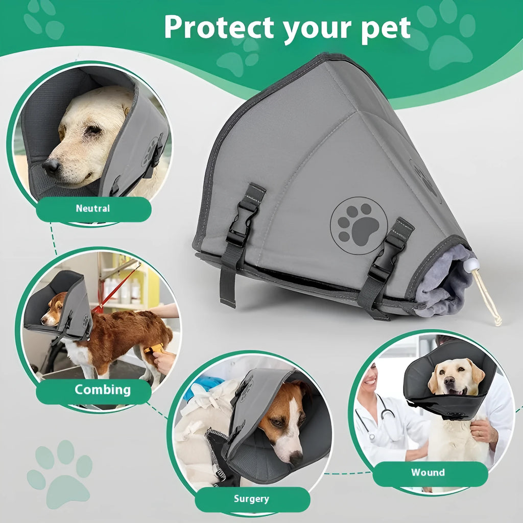 Adjustable fabric pet recovery collar in sizes L, M, XL, shown in double layer and single layer styles.