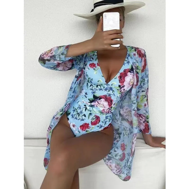 Women's floral print tight bikini and matching cover-up set in a choice of seven colours.