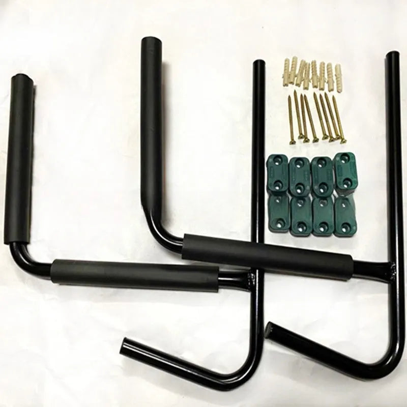 Carbon steel kayak and surfboard wall hanger rack with dimensions 43 by 38 by 6 cm