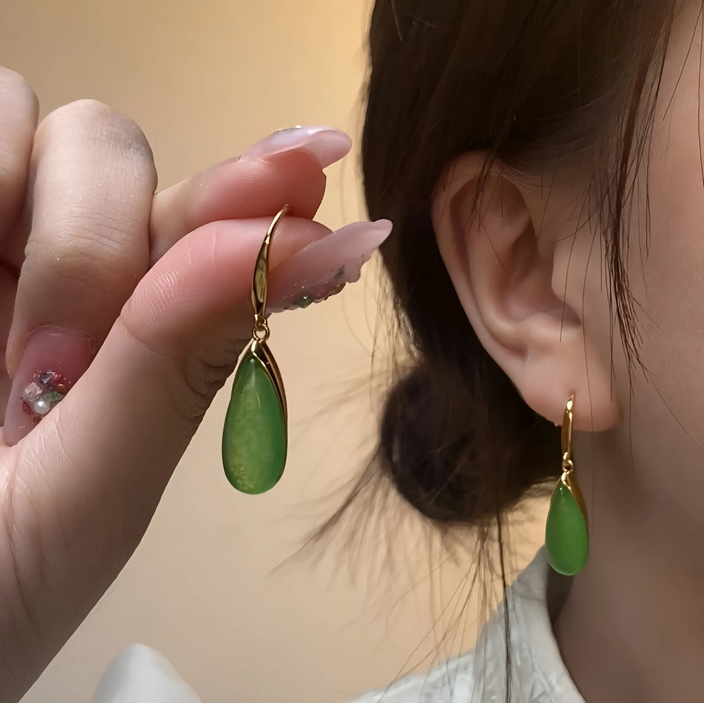 Copper Chinese style geometric earrings with water droplet elements in electroplated jade colour