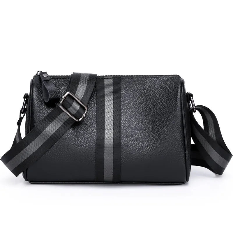 Black genuine leather one-shoulder crossbody bag with large capacity