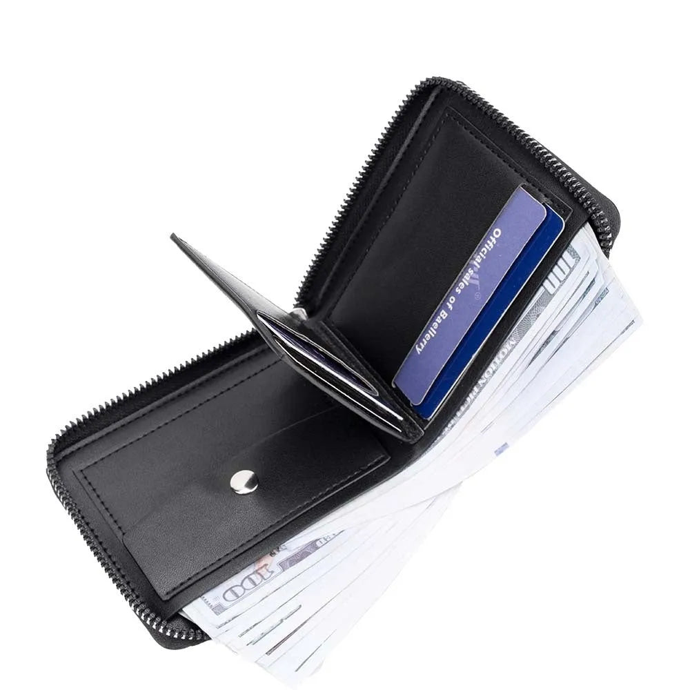 Black embossed PU leather zip wallet showing credit card slots and anti-theft zipper closure