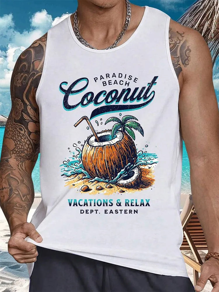 Men's solid colour Hawaiian style sleeveless vest t-shirt made from polyester pinhole cloth