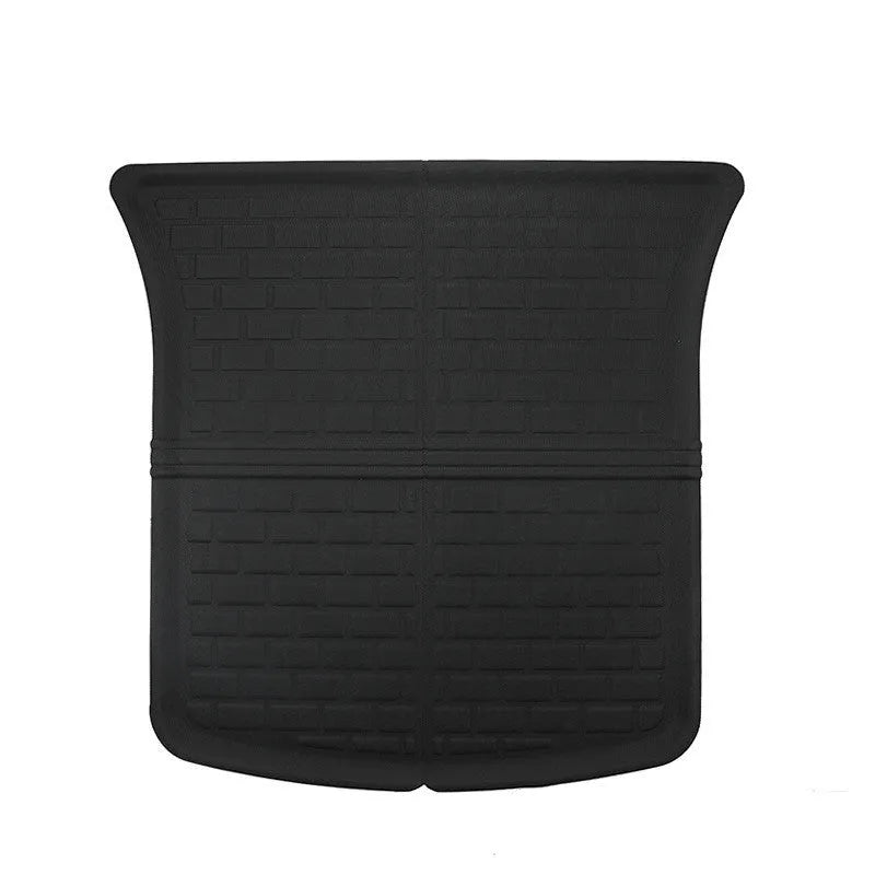 TPR floor mat set for Tesla Model Y showing footwell, storage box, and tailbox mats.