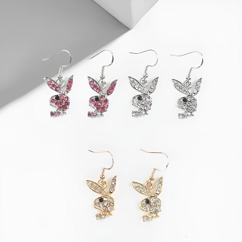 Cute rabbit stud earrings in gold, pink and silver colours with cartoon animal design.