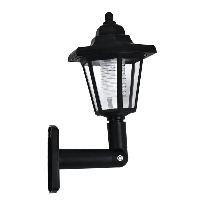 Black hexagonal solar-powered wall lamp with IP44 waterproof rating for outdoor garden lighting