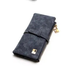 Korean retro matte Pu leather long wallet open showing card slots, note compartment and zip pocket