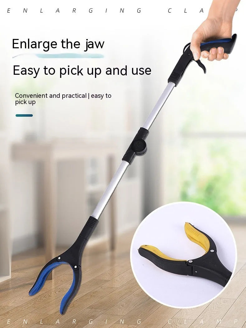 Foldable aluminium garbage clamp showing extended and folded positions with magnetic sucker and coloured handle options
