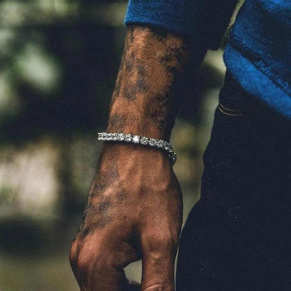 Men's single row iced out rhinestone tennis bracelet in gold and silver alloy link chain style