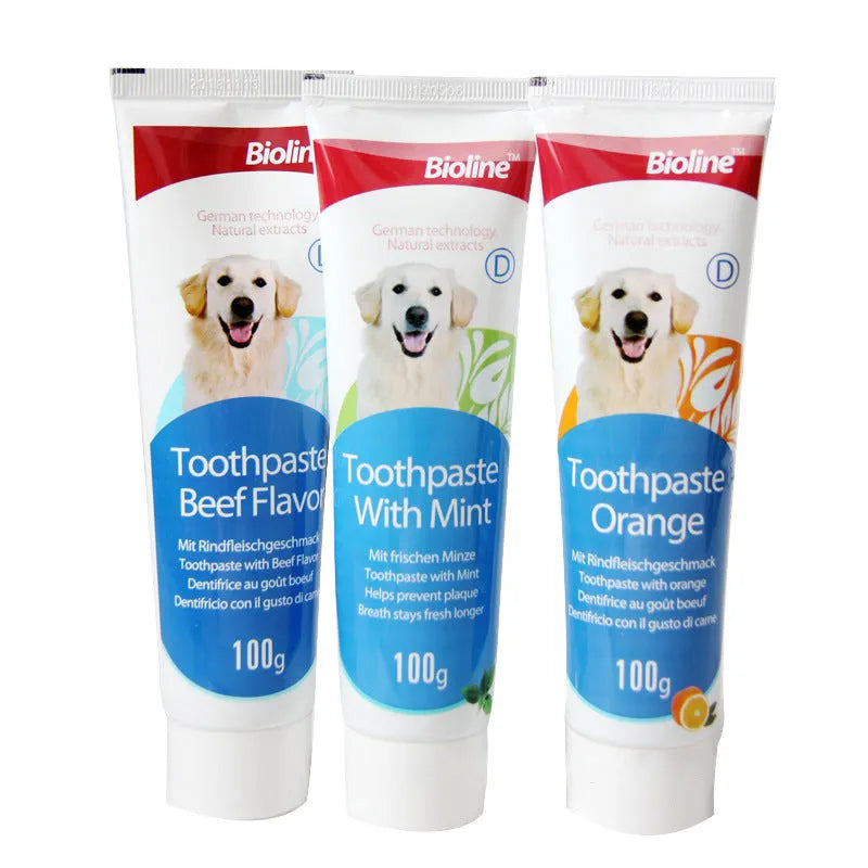 Bioline dog toothpaste in natural formula for calculus removal and fresh breath, available in beef mint orange flavours