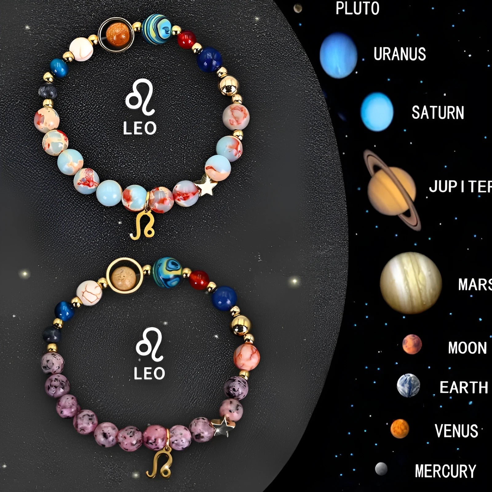 Two natural stone beaded bracelets featuring twelve zodiac sign symbols for astrology lovers.
