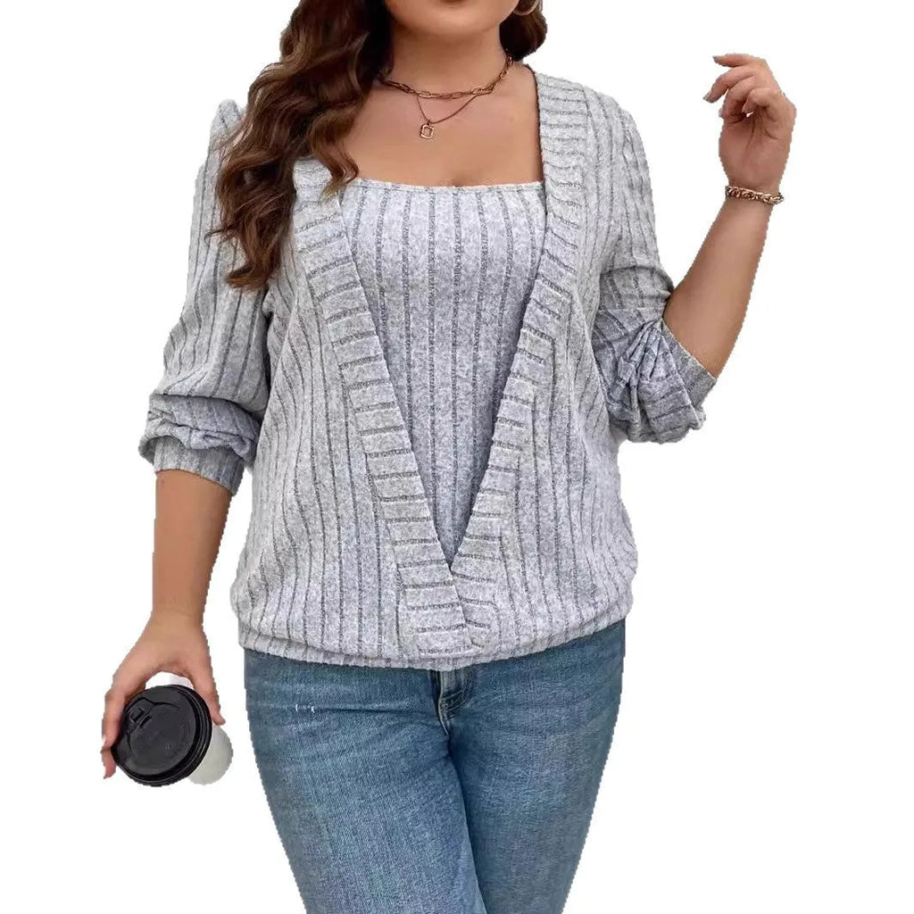 Solid colour V-neck false two-piece suit with long sleeves in polyester rib fabric