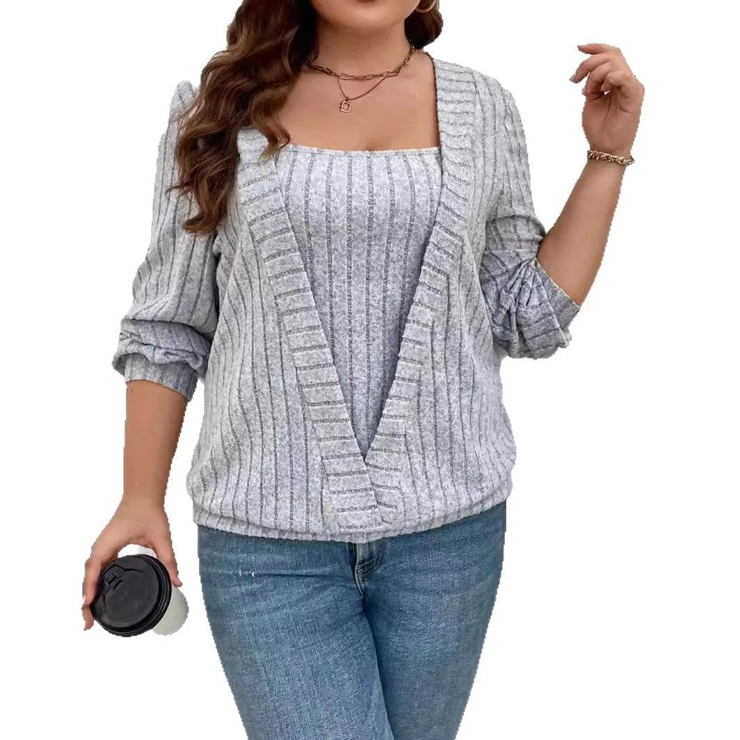Solid colour V-neck false two-piece suit with long sleeves in polyester rib fabric