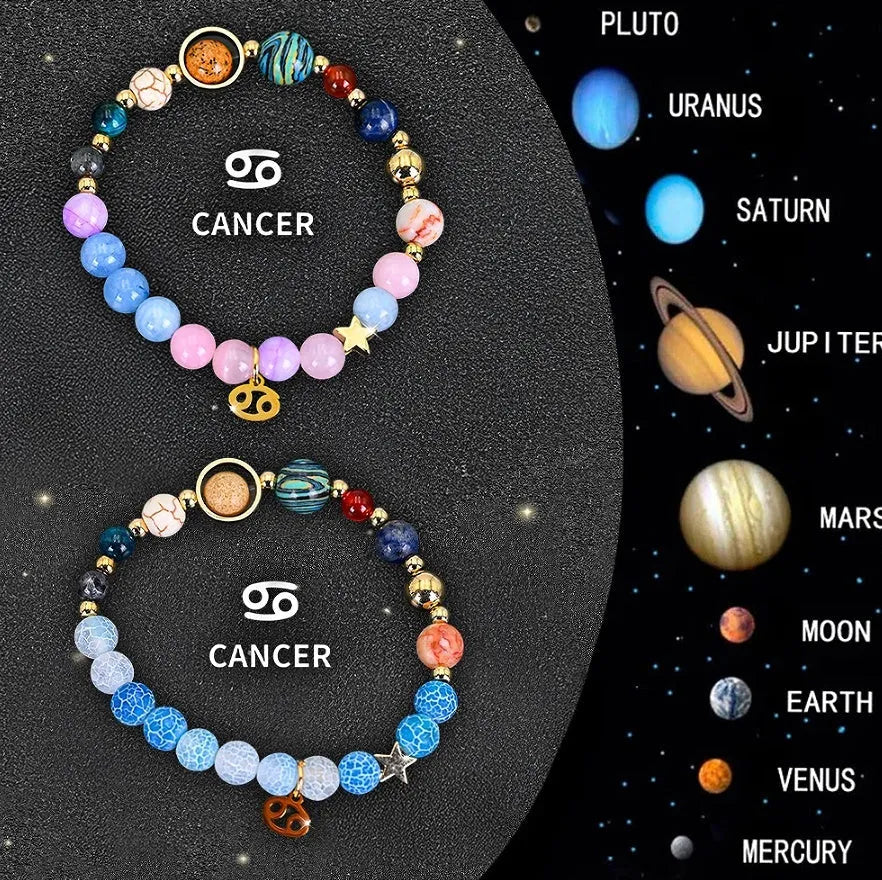 Set of two natural stone beaded bracelets with zodiac charms on a textured background.