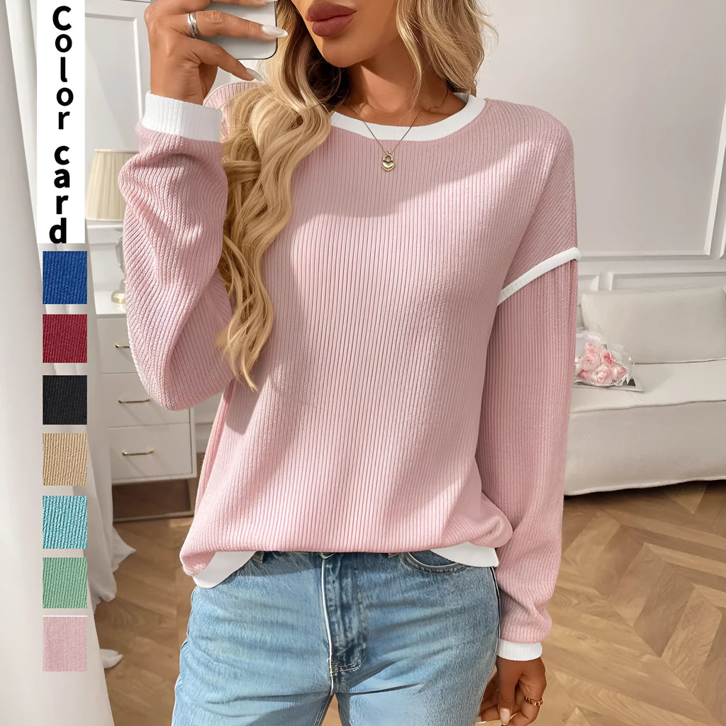 Women's loose fit round neck polyester pullover top with long sleeves in multiple colour options