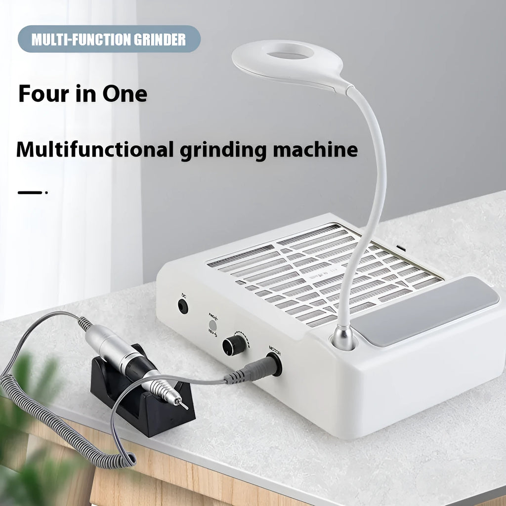 White multifunctional nail polishing machine with vacuum cleaner and four-in-one grinder system