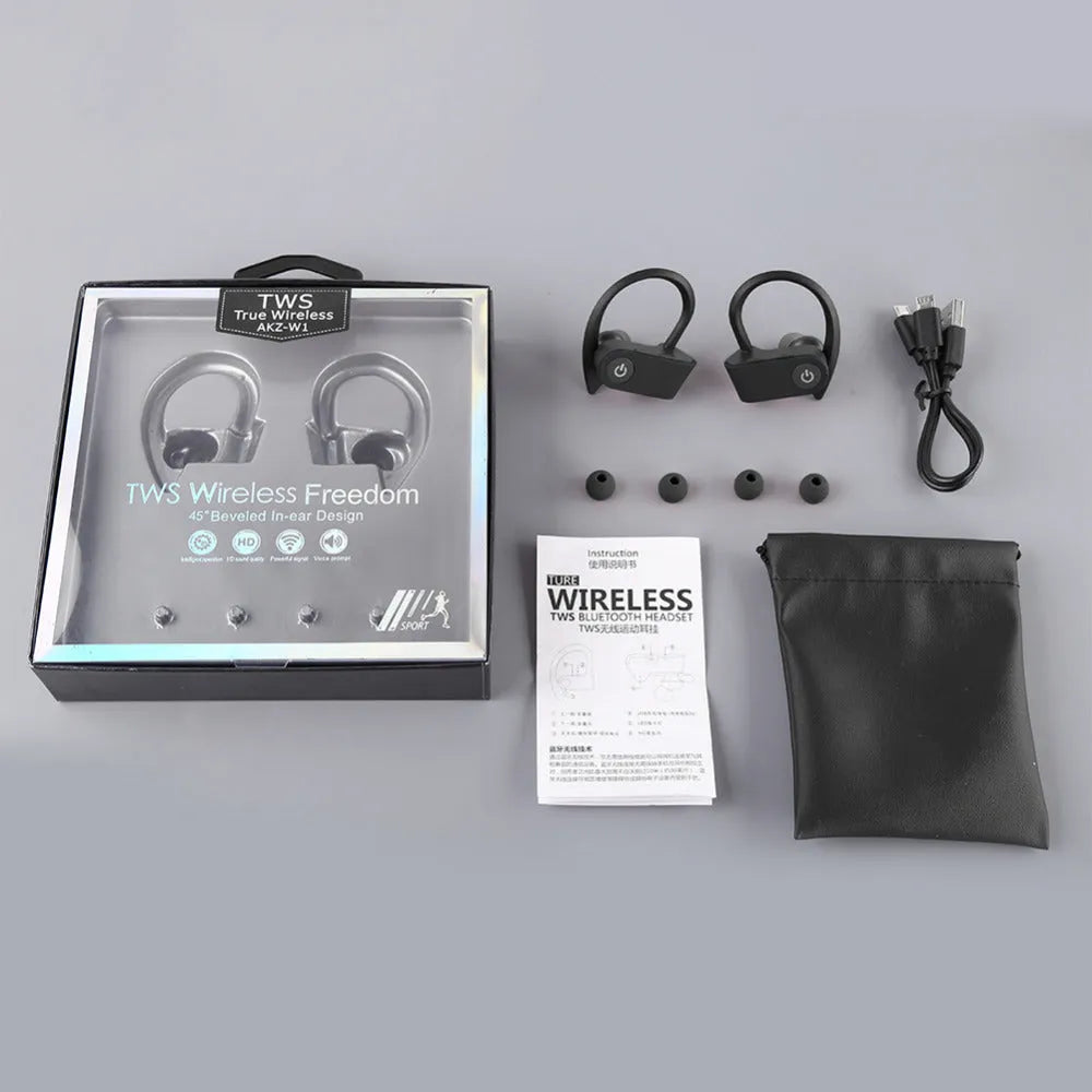 Black wireless Bluetooth earphone with ergonomic design showing LED indicator and button controls