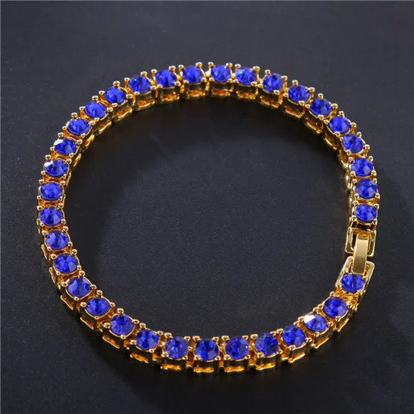 Men's single row iced out rhinestone tennis bracelet in gold and silver alloy link chain style