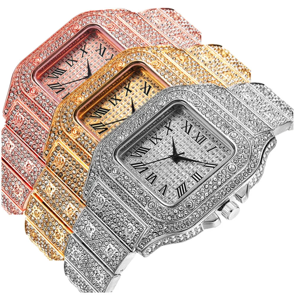 Gold Roman numeral square dial watch with diamond studs and mesh band, part of a three-piece jewellery set.