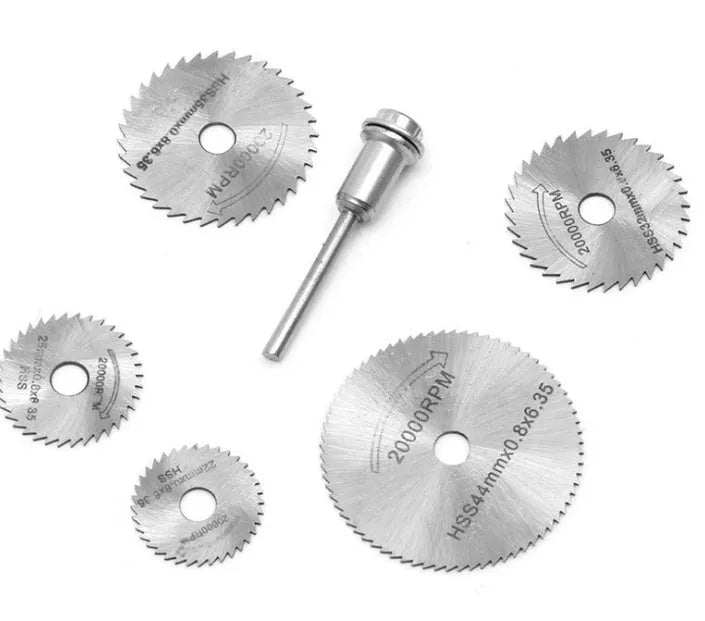 Six circular saw blades and mandrel set for woodworking with high-speed steel construction