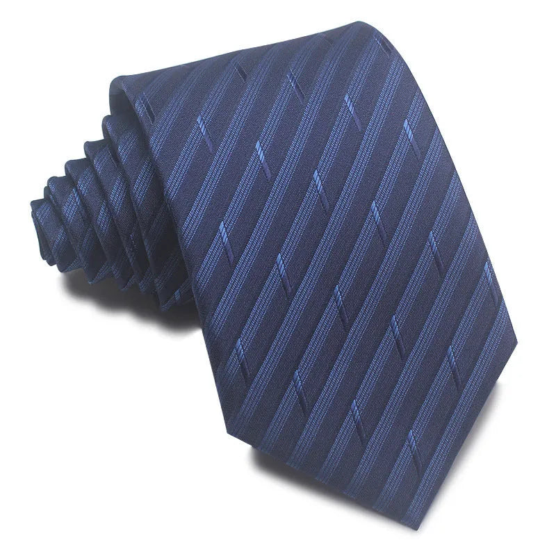 Men's red and black striped polyester jacquard tie with an arrow shape laid flat